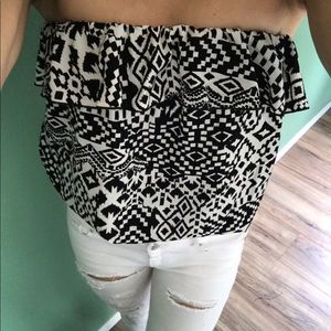 Black & white geometric tribal Strapless Crop Top